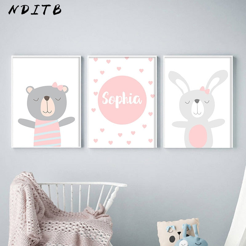 Cartoon Animal Canvas Painting Nursery Prints Personal Name Custom Poster Wall Picture