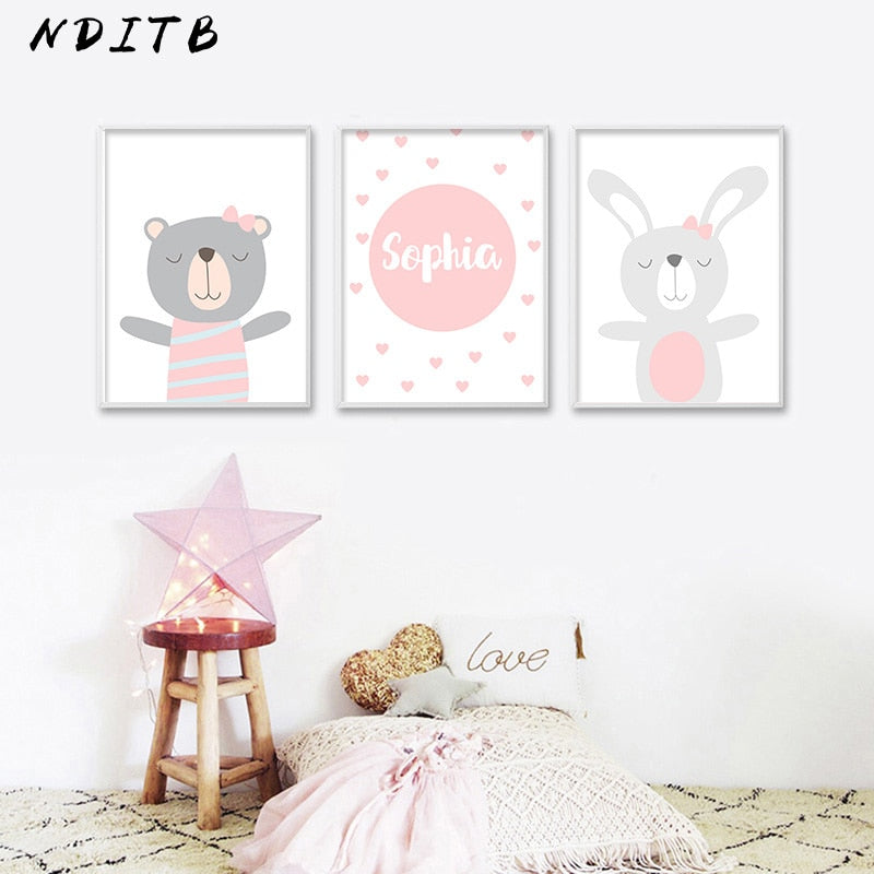 Cartoon Animal Canvas Painting Nursery Prints Personal Name Custom Poster Wall Picture