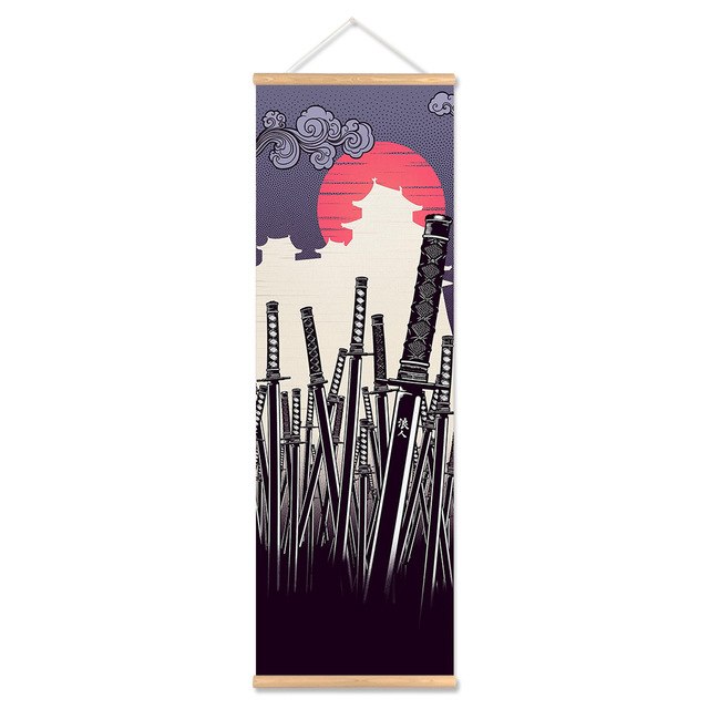 Japanese Samurai Scroll Painting Canvas Print Poster with Wooden Hanger Wall Art Living Room Bedroom Home Decoration