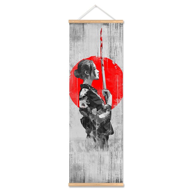 Japanese Samurai Scroll Painting Canvas Print Poster with Wooden Hanger Wall Art Living Room Bedroom Home Decoration