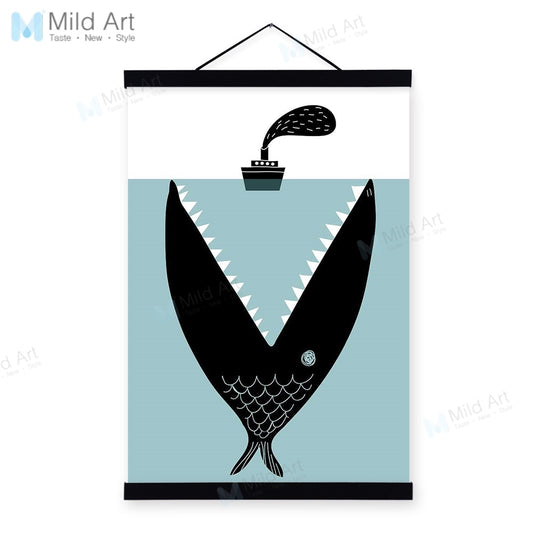 Minimalist Abstract Cartoon Fish Boat Sea Wooden Framed Canvas Posters Nordic Style Kids Boy Room Wall Paintings Pictures Scroll