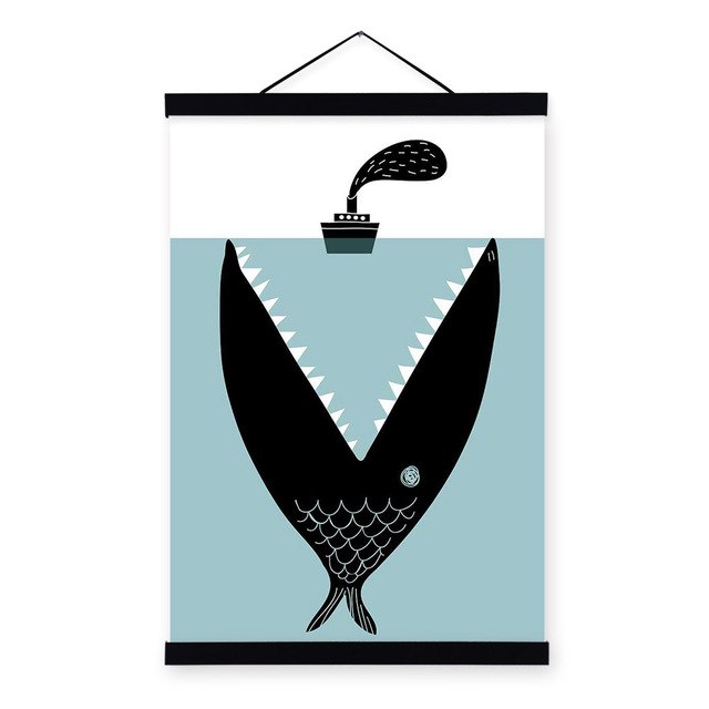 Minimalist Abstract Cartoon Fish Boat Sea Wooden Framed Canvas Posters Nordic Style Kids Boy Room Wall Paintings Pictures Scroll