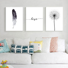 Load image into Gallery viewer, Black and White Dandelion Feathers Poster and Print Letter Love Wall Art Canvas Painting
