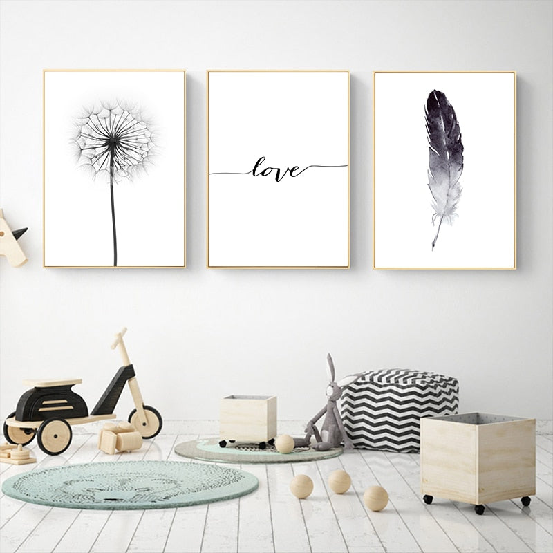 Black and White Dandelion Feathers Poster and Print Letter Love Wall Art Canvas Painting
