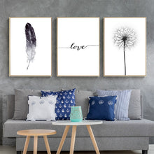 Load image into Gallery viewer, Black and White Dandelion Feathers Poster and Print Letter Love Wall Art Canvas Painting
