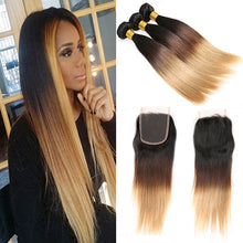 Load image into Gallery viewer, Ombre Brazilian Straight Hair Weave 3 Bundles With Closure T1B/4/27 3 Tone Honey Blond Ombre Human Hair With Closure Remy Hair
