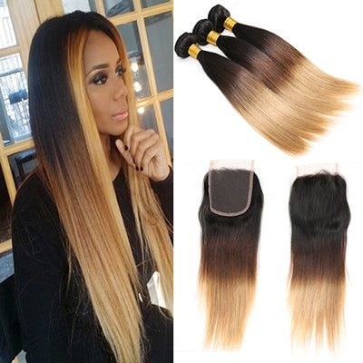 Ombre Brazilian Straight Hair Weave 3 Bundles With Closure T1B/4/27 3 Tone Honey Blond Ombre Human Hair With Closure Remy Hair