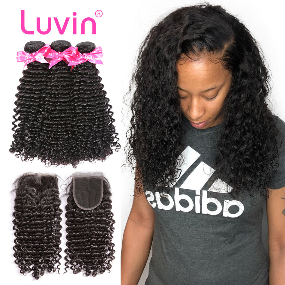 Luvin Brazilian Deep Wave Human Hair Weave 3 4 Bundles With Closure Curly Remy Hair Extension Cheap Bundles of Hair with Closure