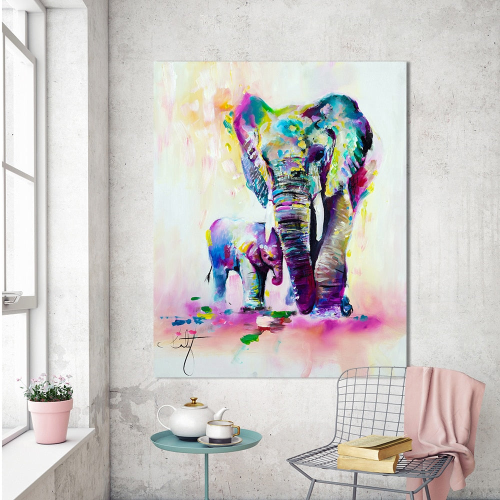 HDARTISAN Animal Painting Canvas Art Expressionism Colorful Elephant Wall Pictures For Living Room Home Decor Printings
