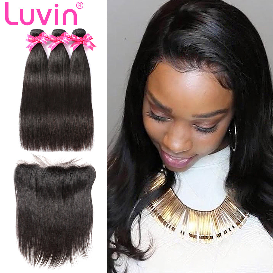 Luvin Straight Human Hair Bundles Remy Hair Extension 4 Bundles With Closure Brazilian Hair Weave 3 Bundles With Lace Frontal