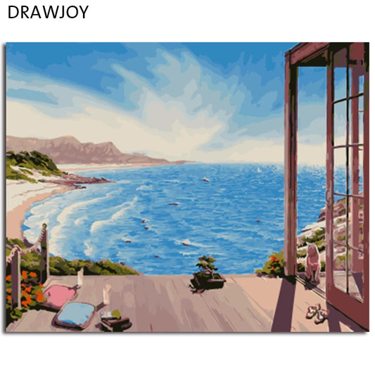 DRAWJOY Framed Home Decor Picture Painting By Numbers Seascape DIY Canvas Oil Painting Wall Art For Living Room Picture