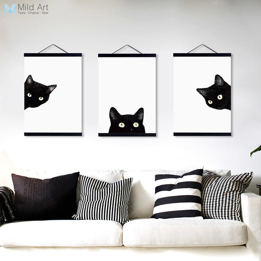 3 Panel Watercolor Black Cat Wooden Framed Canvas Painting Nordic Girl Room Home Decor Big Scroll Wall Art Picture Poster Hanger