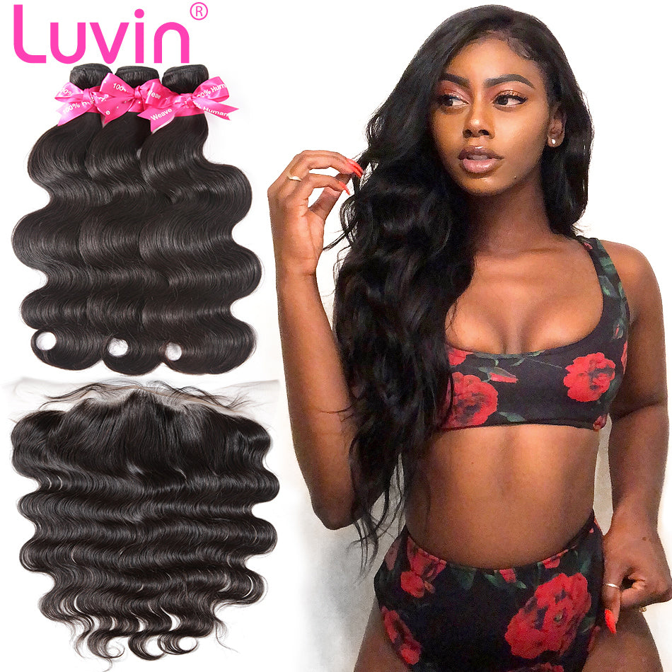 Luvin Brazilian Hair Weave Human Hair Bundles Body Wave Remy Hair 3 4 Bundles With Lace Frontal Closure Wavy Hair Extensions
