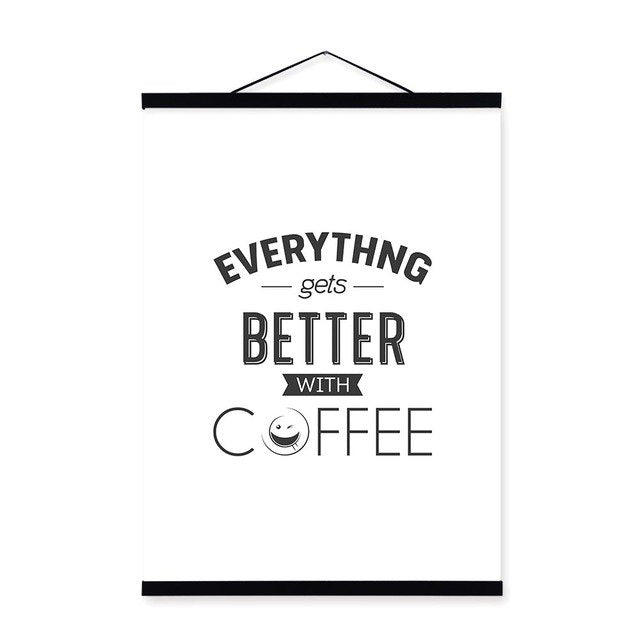 Black White Vintage Retro Coffee Quotes Wooden Framed Canvas Paintings Nordic Scroll Wall Art Pictures Home Decor Posters Hanger