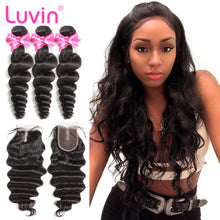 Load image into Gallery viewer, Luvin Brazilian Hair Weave 3 4 Bundles With Closure Loose Wave 100% Remy Human Hair Lace Closure Bleached Knots Free Shipping
