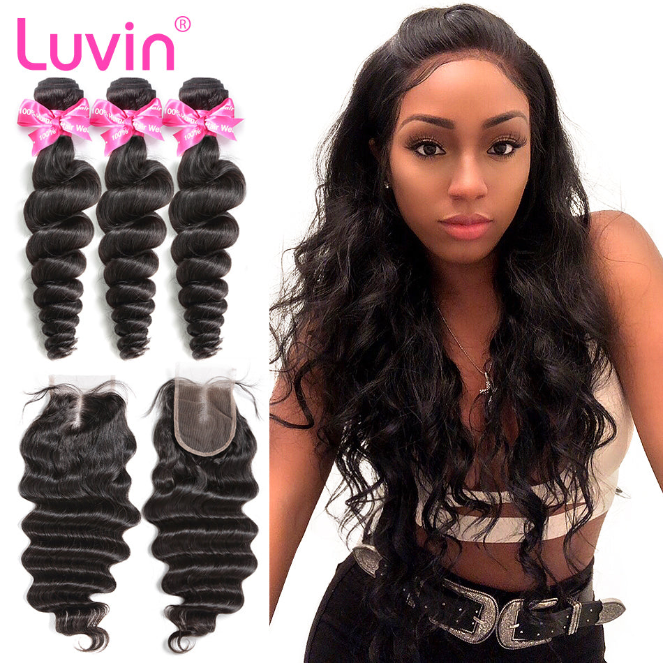 Luvin Brazilian Hair Weave 3 4 Bundles With Closure Loose Wave 100% Remy Human Hair Lace Closure Bleached Knots Free Shipping