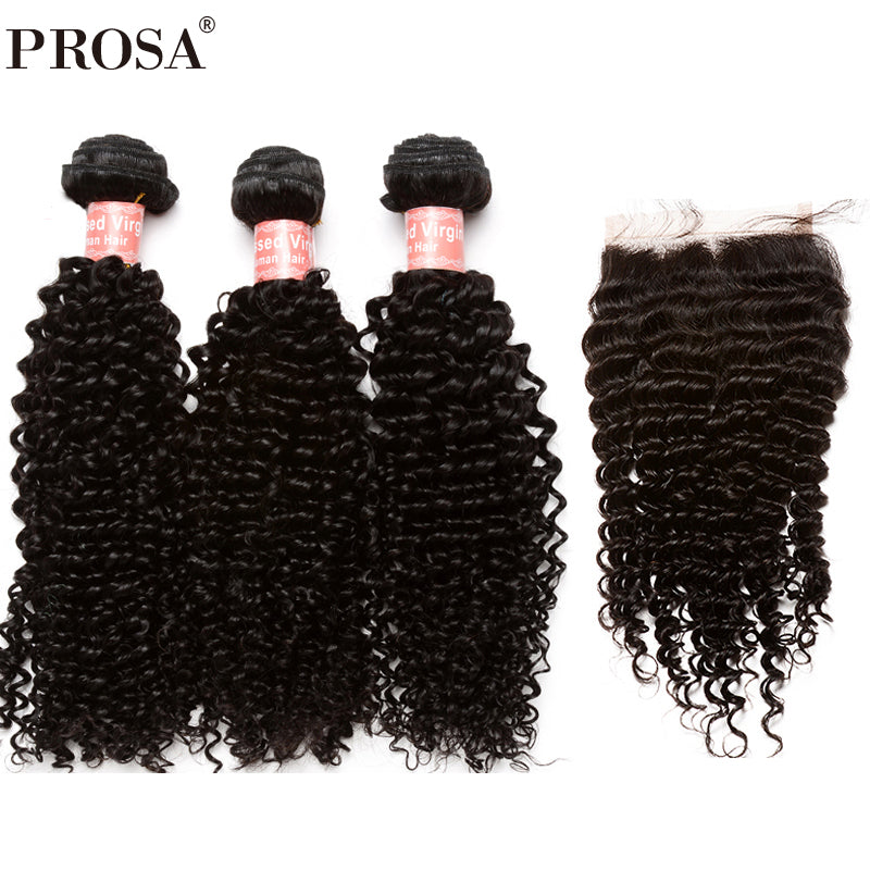 3 Human Hair Bundles With Silk Base Closure Brazilian Kinky Curly Hair Weave Bundles With Closure 4x4 Part Prosa Hair Remy