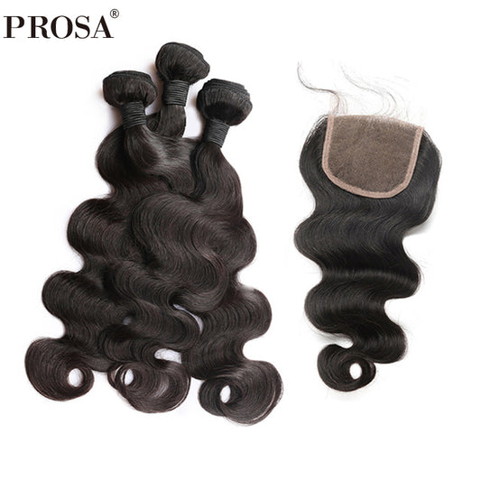 Body Wave  3 Human Hair Bundles With Closure 4Pcs Brazilian Virgin Hair With Closure Natural Color Prosa Hair Products
