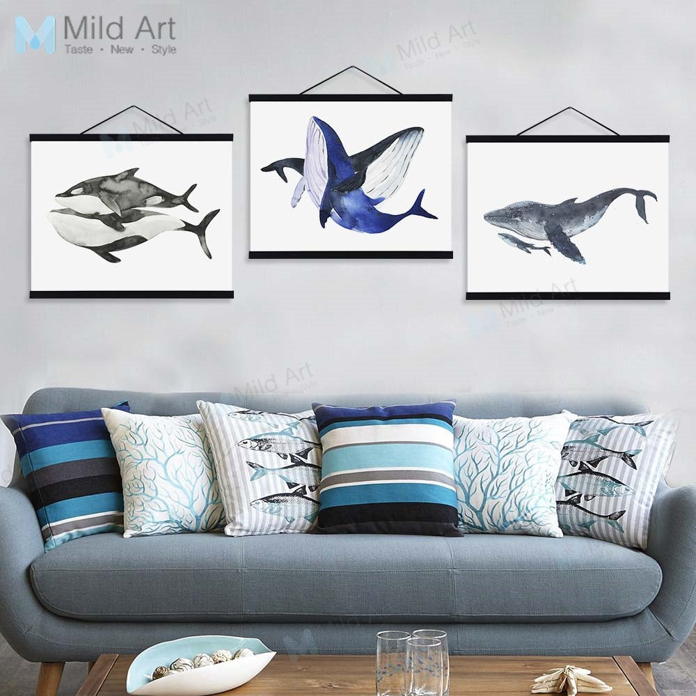 Watercolor Sea Animal Whale Mother Child Wooden Framed Painting And Print Nordic Scroll Wall Art Pictures Decor Canvas Poster