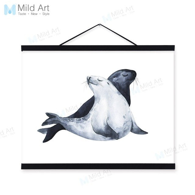 Watercolor Sea Animal Whale Mother Child Wooden Framed Painting And Print Nordic Scroll Wall Art Pictures Decor Canvas Poster