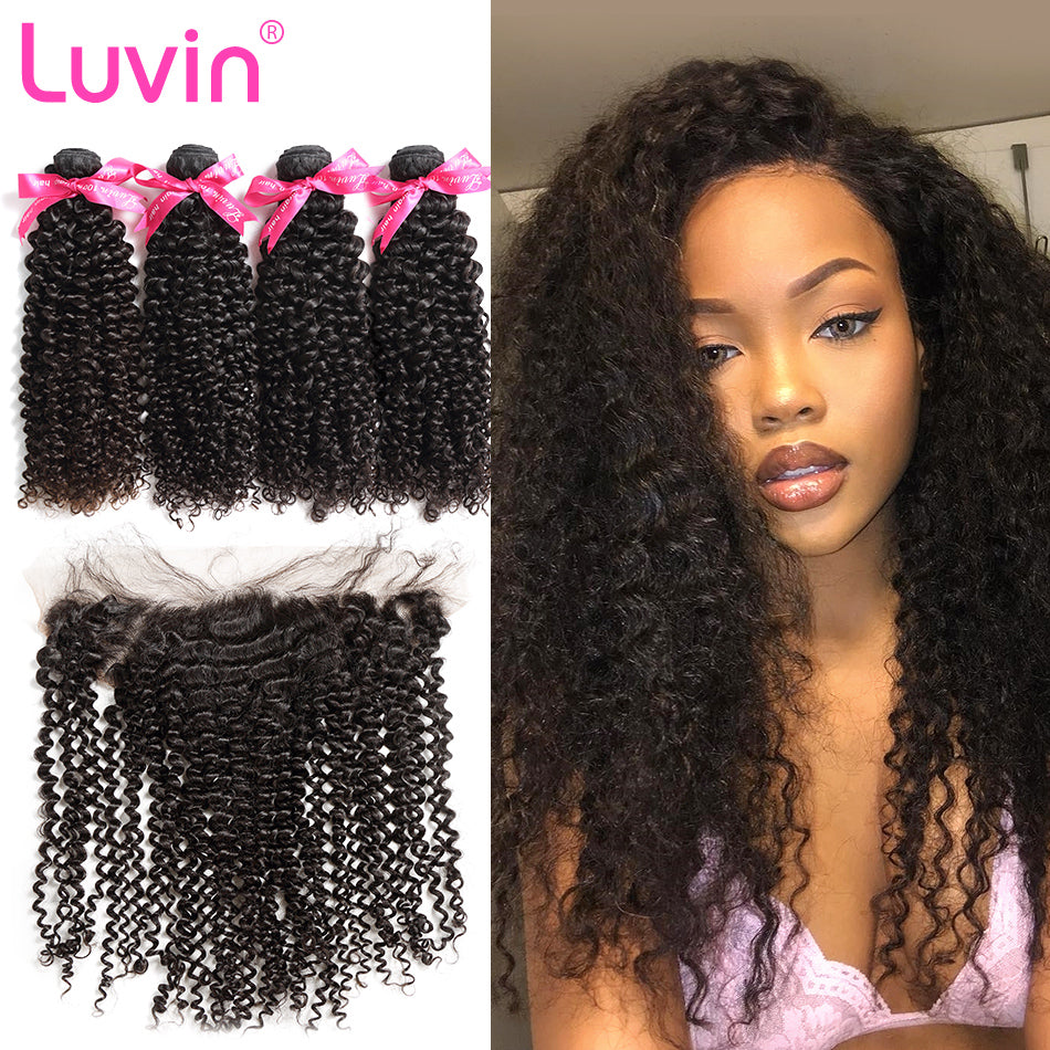 Luvin Afro Kinky Curly Unprocessed Virgin Hair Bundles 4 Bundles With Frontal Closure Brazilian Hair Weave Human Hair Extensions