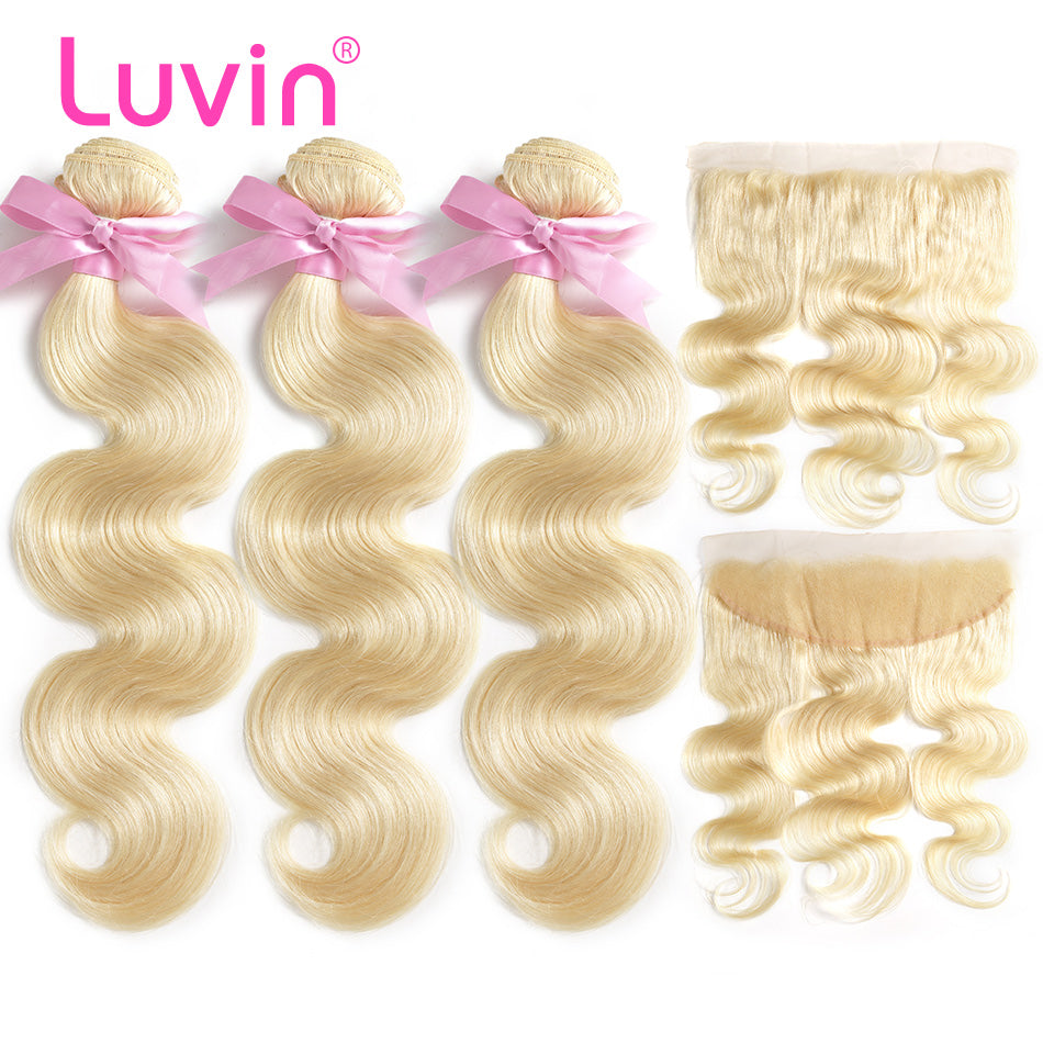 Luvin 613 Blonde Body Wave Brazilian Hair Weave Human Hair Bundles With Closure 3 Bundles Remy Hair and 1PC Lace Frontal Closure