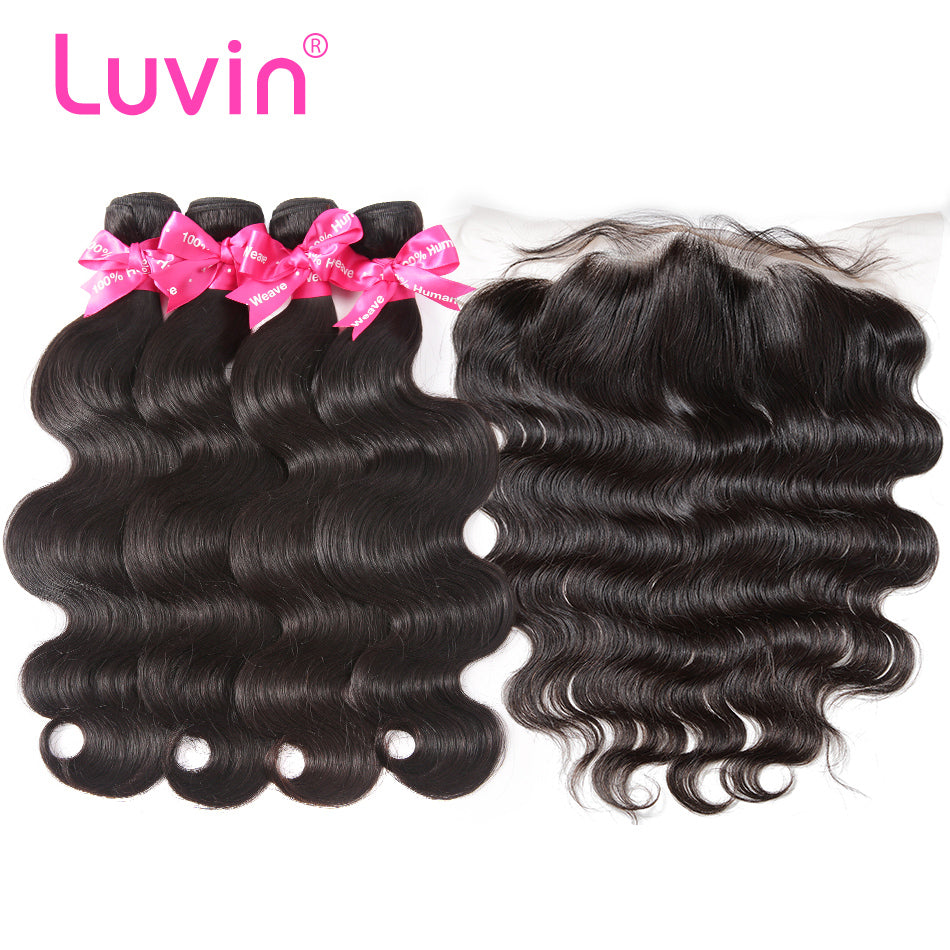 Brazilian Hair Weave Unprocessed Virgin Hair 4 Bundle With Closure Body Wave Human Hair Bundles With Frontal Wavy Hair Extension