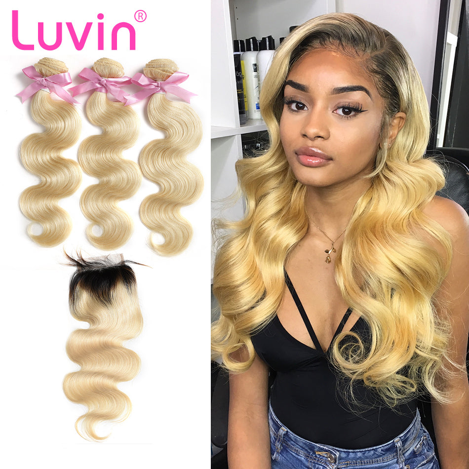 Luvin 613 Blonde Brazilian Body Wave Human Hair Bundles with Closure 3 Bundles Virgin Hair Weft And 1 Piece T1B/613 Lace Closure
