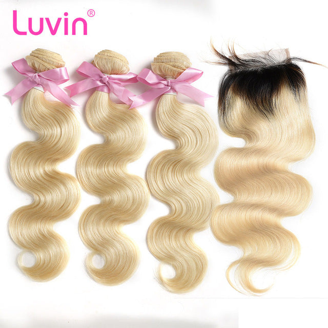 Luvin 613 Blonde Brazilian Body Wave Human Hair Bundles with Closure 3 Bundles Virgin Hair Weft And 1 Piece T1B/613 Lace Closure