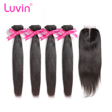 Load image into Gallery viewer, Luvin Peruvian Virgin Straight Hair 4 Bundles With Closure 100% Unprocessed Human Hair Weave Bundles With Lace Top Closure
