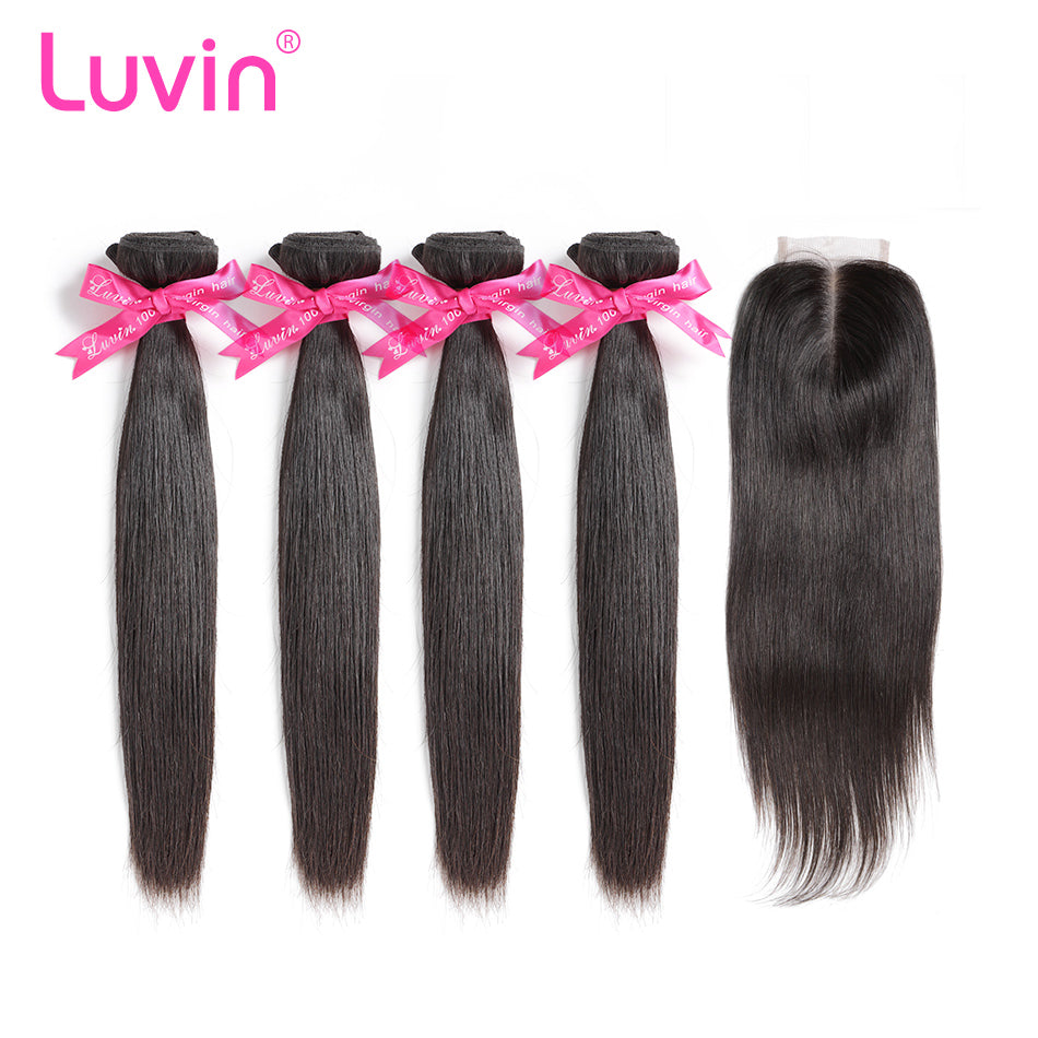 Luvin Peruvian Virgin Straight Hair 4 Bundles With Closure 100% Unprocessed Human Hair Weave Bundles With Lace Top Closure