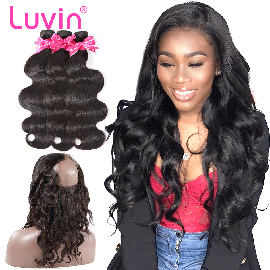 Luvin Hair Human Remy Hair Bundle With Closure Brazilian Hair 3 Bundles With 360 Lace Frontal Closure Pre-Plucked Body Wave