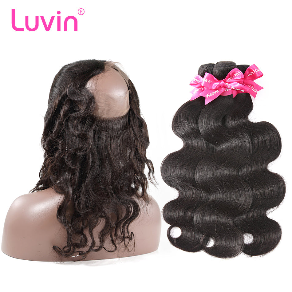 Luvin Hair Human Remy Hair Bundle With Closure Brazilian Hair 3 Bundles With 360 Lace Frontal Closure Pre-Plucked Body Wave