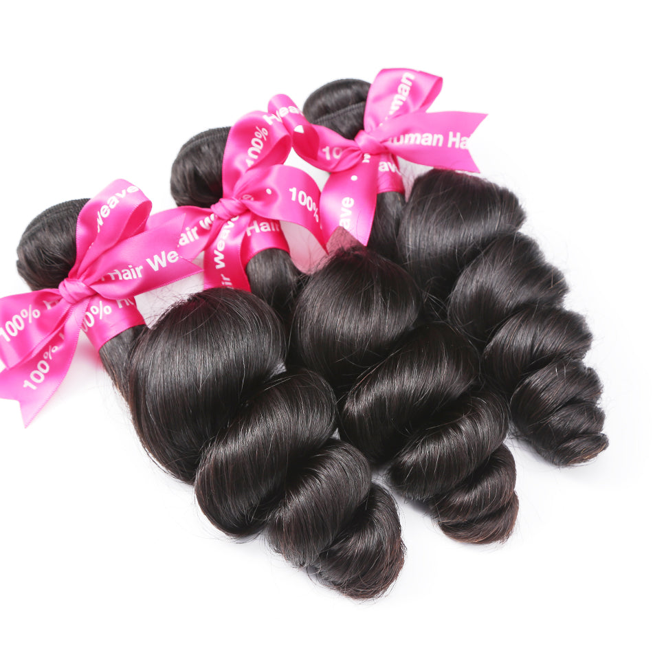 Luvin Brazilian Human Hair 3 Bundles With Lace Frontal Closure Loose Wave Free Part 100% Remy Hair Extensions