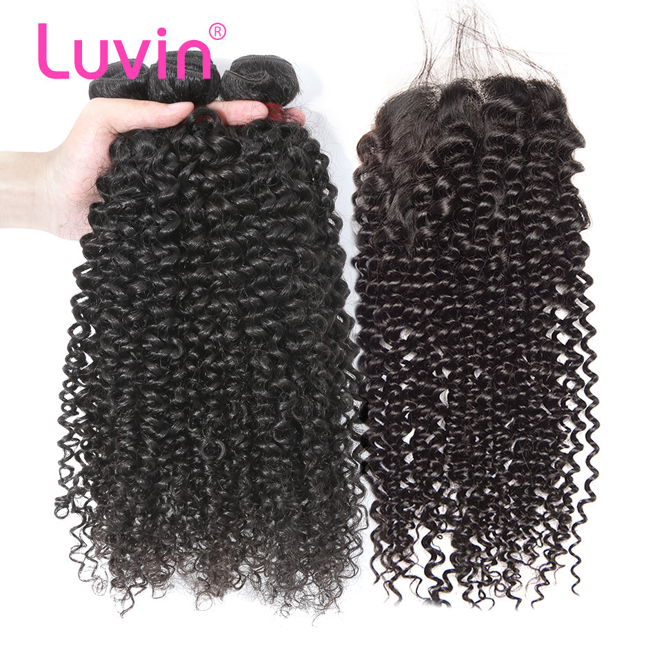 Luvin Peruvian Hair Kinky Curly Human Hair 3 Bundles With Lace Closure Middle Part Bleached Knots Remy Hair Shipping Free