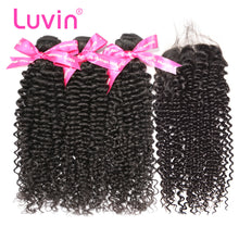 Load image into Gallery viewer, Luvin Peruvian Hair Kinky Curly Human Hair 3 Bundles With Lace Closure Middle Part Bleached Knots Remy Hair Shipping Free
