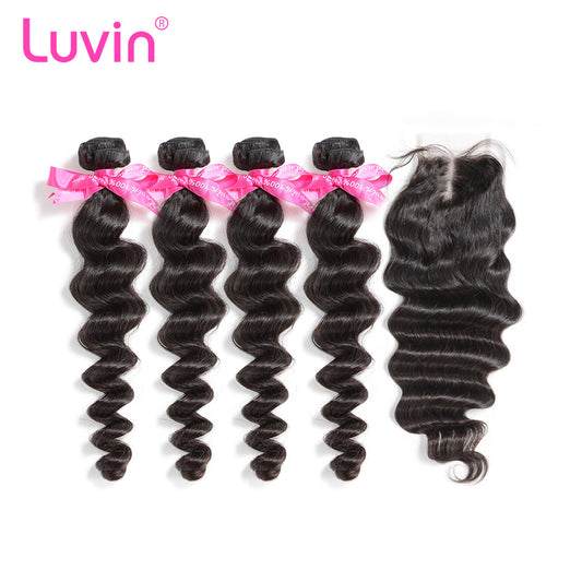 Luvin Brazilian Virgin Loose Wave Hair 4 Bundles With Closure 100% Unprocessed Human Hair Weave Bundles With Lace Top Closure