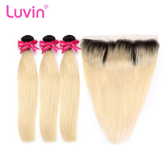 Luvin Ombre BlondeT#1B/#613 Straight Human Hair Bundles With Closure 3 Bundles Remy Hair Weave and 1PC Lace Frontal Closure