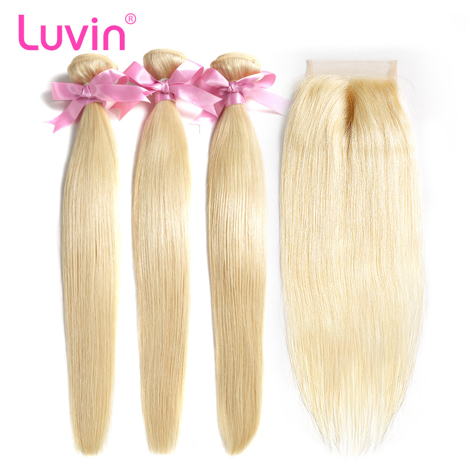 Luvin 613 Blonde Straight Brazilian Human Hair Bundles with Closure 3 Bundles Remy Hair Weft And 1 Piece 4X4 Lace Closure