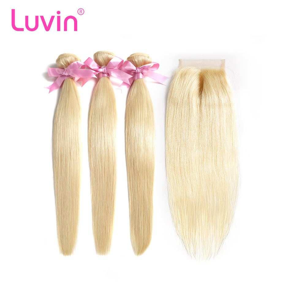 Luvin 613 Blonde Straight Brazilian Human Hair Bundles with Closure 3 Bundles Remy Hair Weft And 1 Piece 4X4 Lace Closure