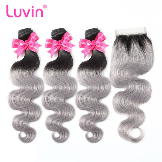 Luvin Ombre Grey 3/4 bundles with closure Brazilian Hair Body Wave 100% Remy Human Hair Weave Bundles Color T#1B/Grey