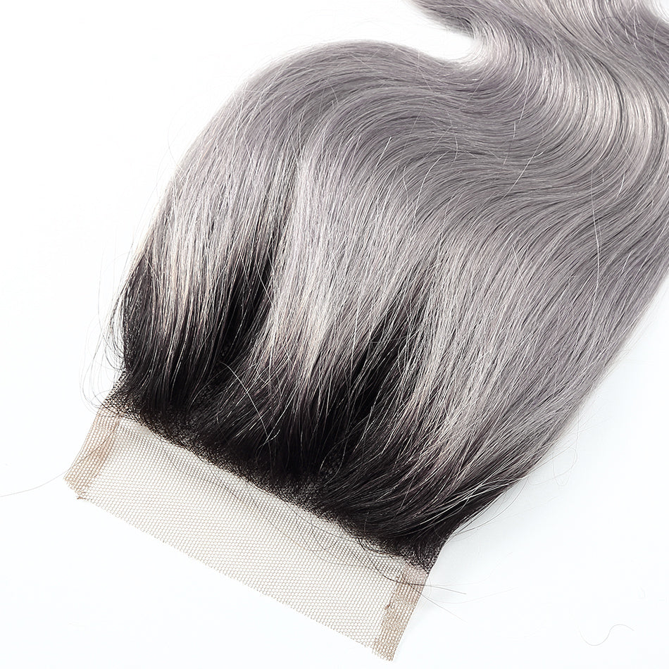 Luvin Ombre Grey 3/4 bundles with closure Brazilian Hair Body Wave 100% Remy Human Hair Weave Bundles Color T#1B/Grey