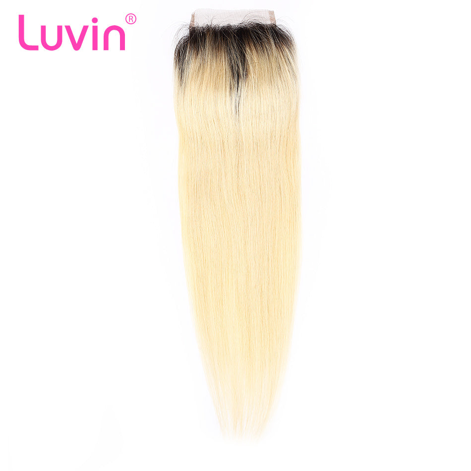 Luvin 613 Blonde Straight Brazilian Human Hair Bundles with Closure 3 Bundles Virgin Hair Weft And 1 Piece T1B/613 Lace Closure