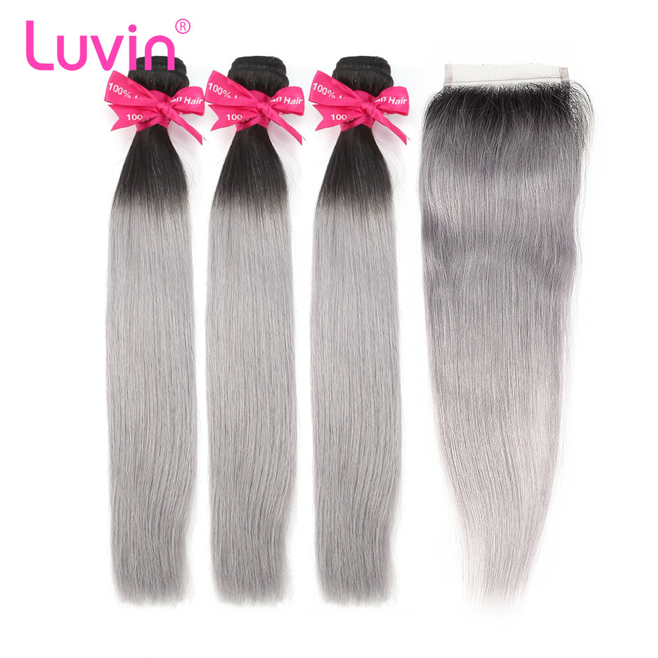 Luvin Ombre Grey 3/4 bundles with closure Brazilian Straight Hair 100% Remy Human Hair Weave Bundles Color T#1B/Grey