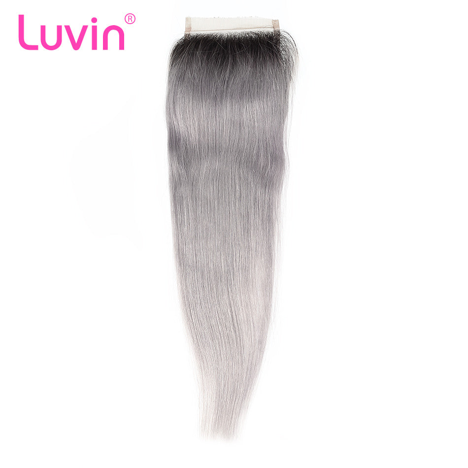 Luvin Ombre Grey 3/4 bundles with closure Brazilian Straight Hair 100% Remy Human Hair Weave Bundles Color T#1B/Grey
