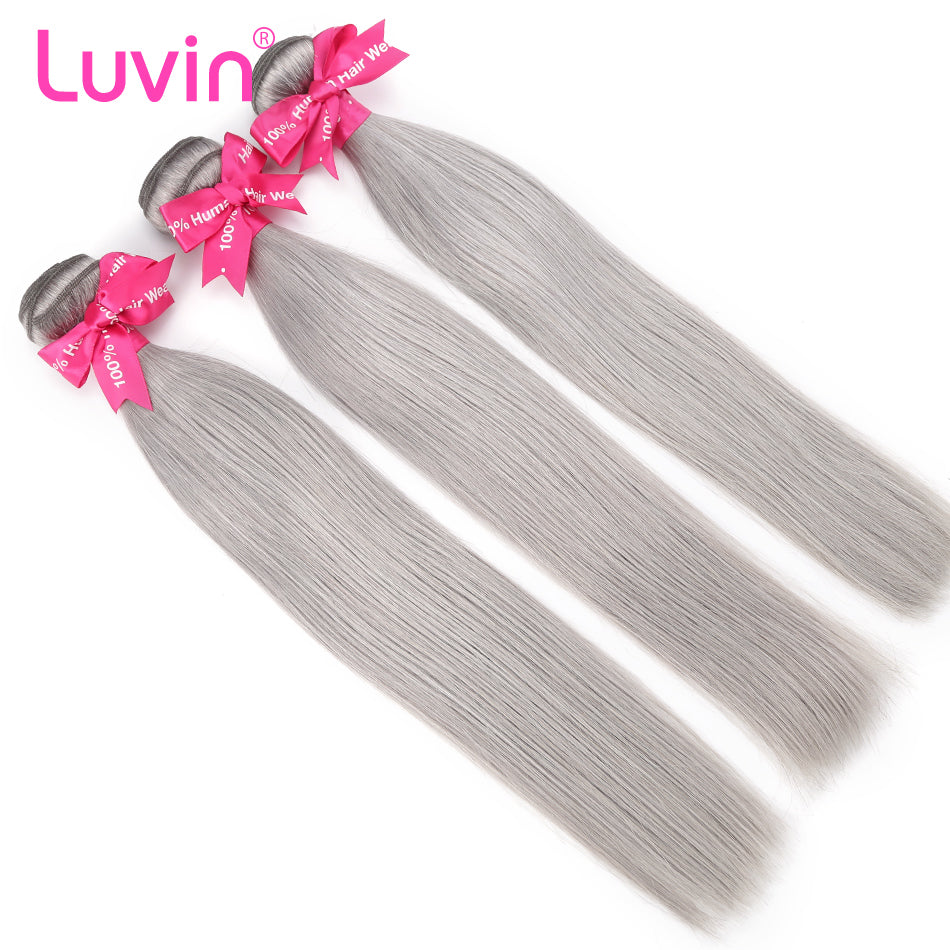 Luvin Grey Silver Straight Brazilian Hair Weave Human Hair Bundles With Closure 3 Bundles Remy Hair and 1PC Lace Frontal Closure