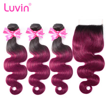 Load image into Gallery viewer, Luvin Ombre Hair 3/4 bundles with closure Brazilian Hair Body Wave 100% Remy Human Hair Weave Bundles Color T1B/Burgundy 99J Red
