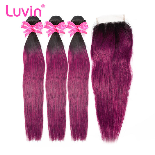 Luvin Ombre Hair 3/4 bundles with closure Brazilian Straight Hair 100% Remy Human Hair Weave Bundles Color T1B/Burgundy 99J Red