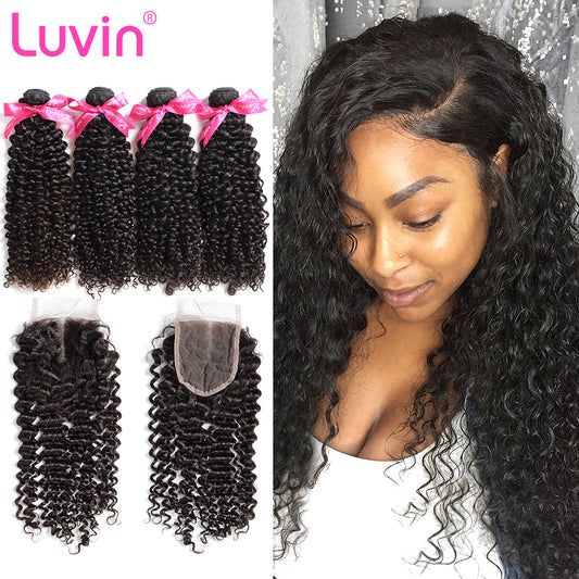 Luvin Brazilian Afro Kinky Curly Virgin Hair 4 Bundles With Closure 100% Human Hair Bundles Weave With Lace Closure Bleach Knots