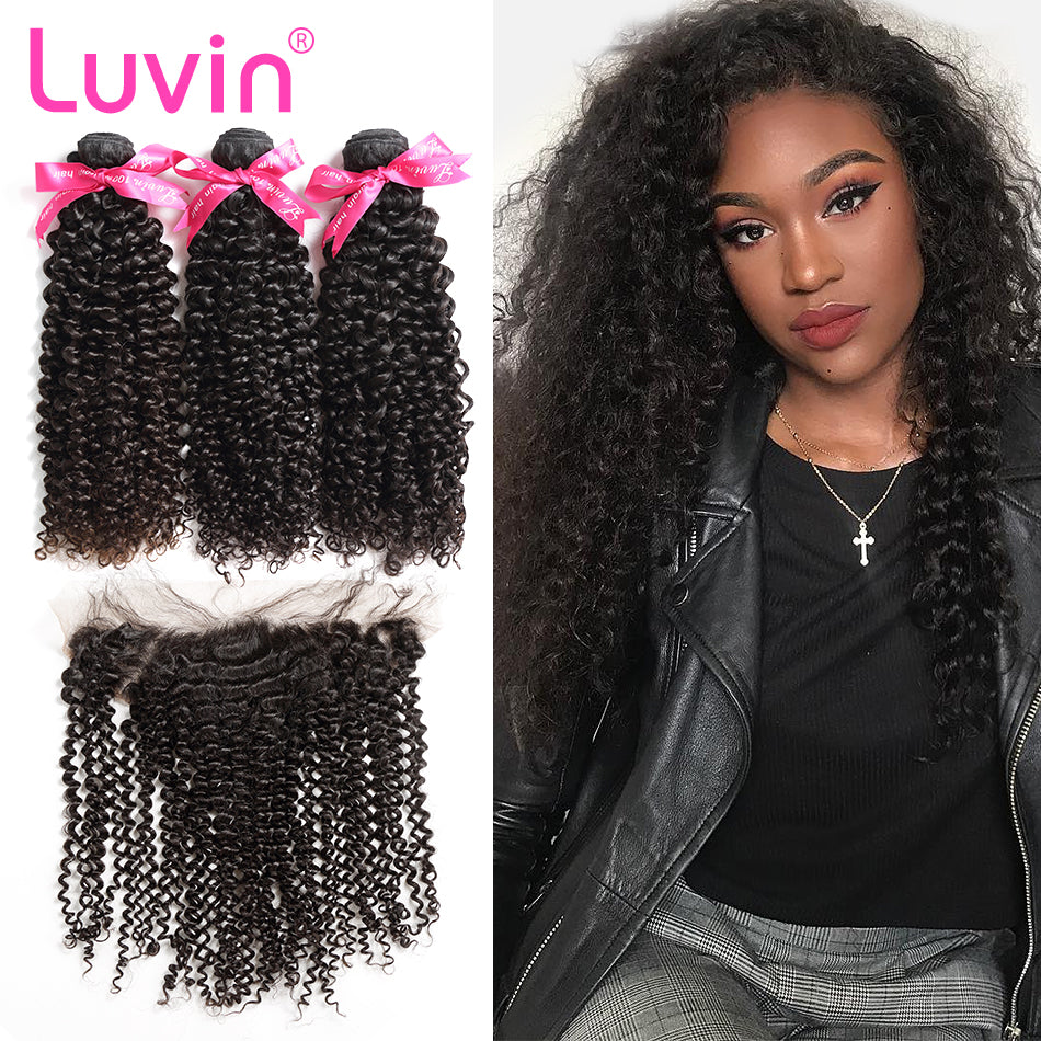 Luvin Brazilian Hair Weave Bundles Kinky Curly Hair Remy Hair 3 4 Bundles With Frontal Closure Bleached Knots Hair Extension